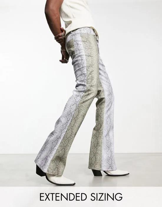 flare jeans in gray snake print croc leather look with contrast panels