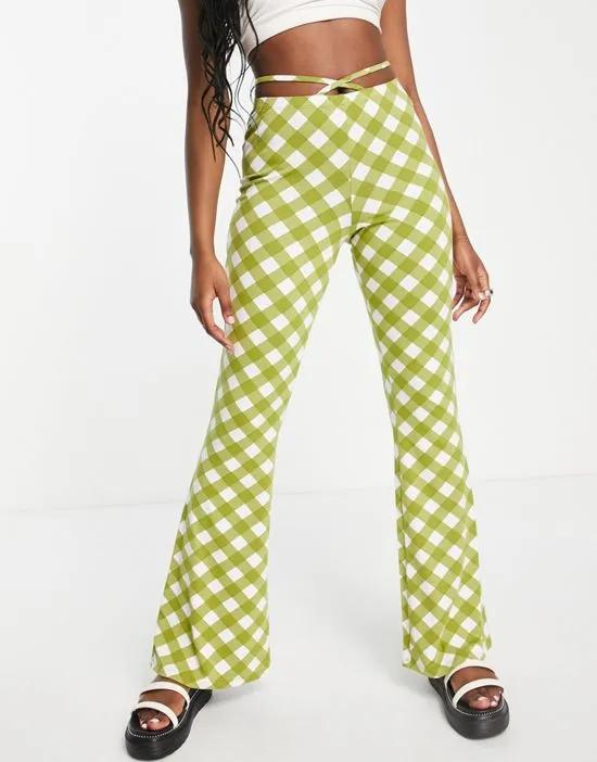 flare pants with tie waist in checkerboard gingham in green