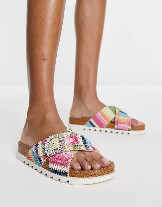 Flaunt raffia cross-vamp flat sandals in multi