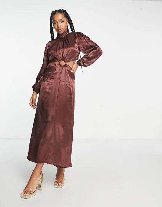 Flavia cut-out long sleeve midi dress in brown