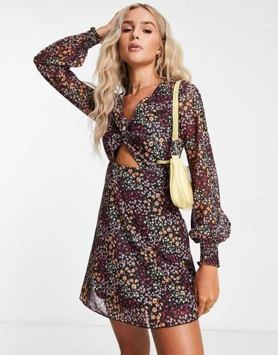 flippy mini tea dress with mesh sleeves and twist front in micro floral