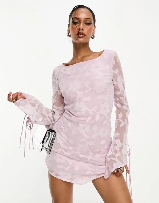 floral burnout fit and flare mini dress with tie sleeves in lilac
