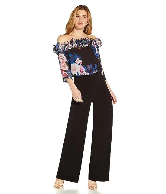 Floral Chiffon and Jersey Off-the-Shoulder Jumpsuit