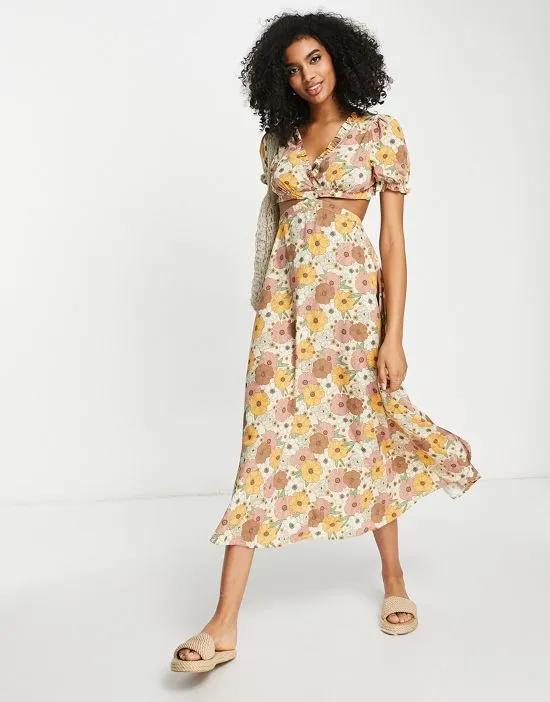 floral cut out midi dress in orange