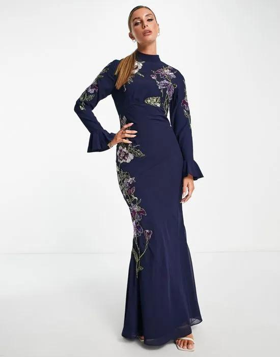 floral embellished maxi dress with flared cuff detail in navy