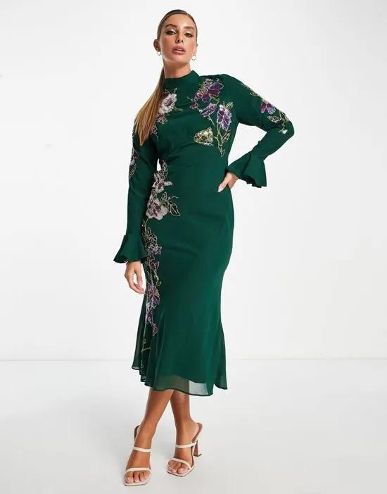 floral embellished midi dress with flared cuff detail in green
