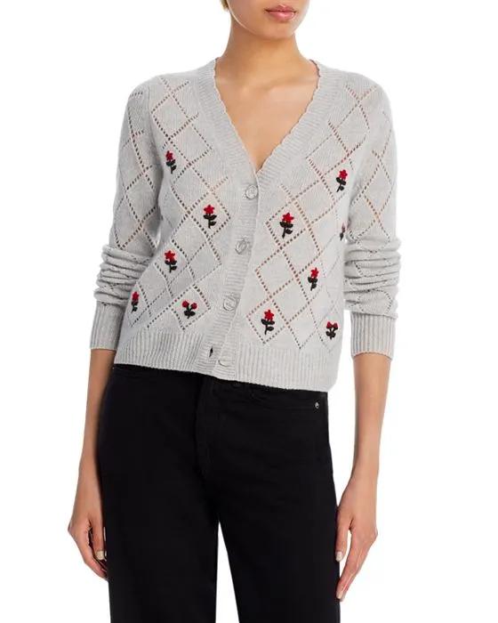 Floral Embroidered Diamond Pointelle Cashmere Cardigan - 100% Exclusive
