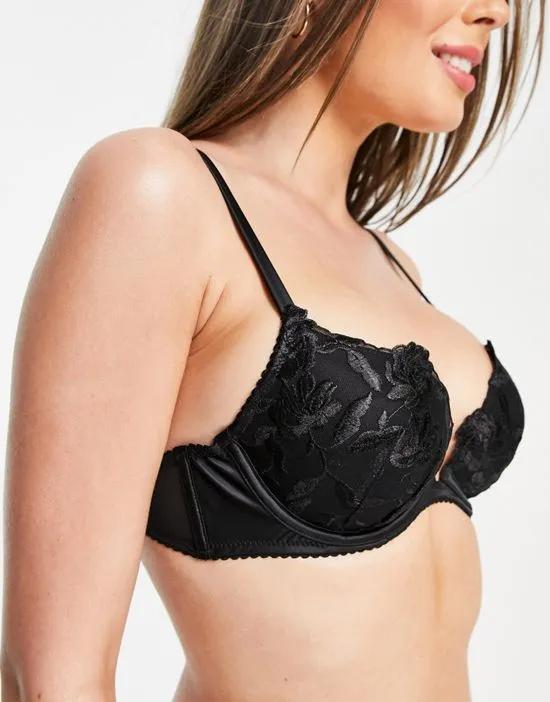 floral embroidered push up bra in black