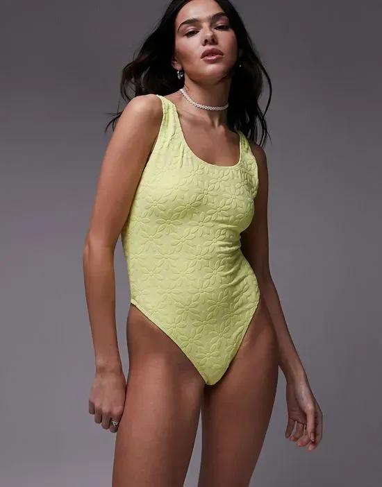 floral jacquard scoop back swimsuit in yellow