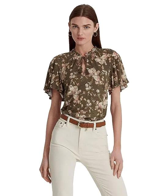 Floral Jersey Tie Neck Top