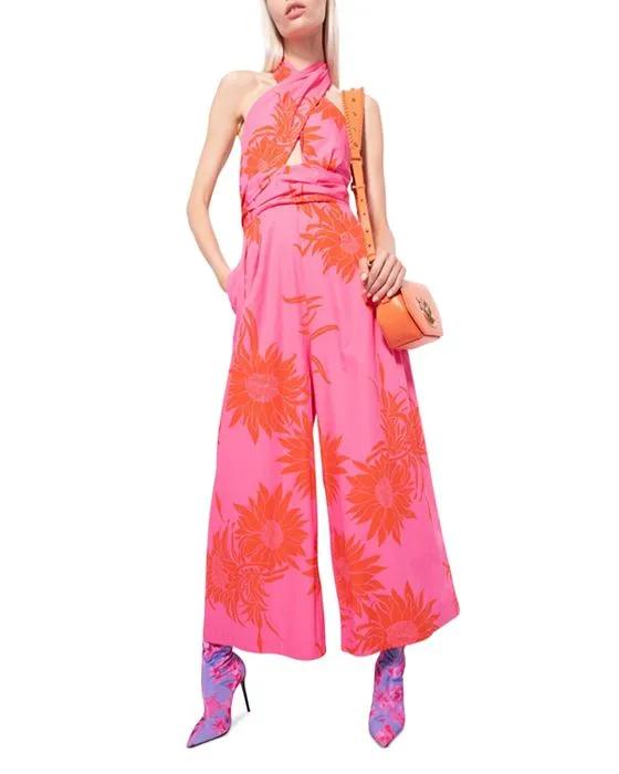 Floral Print Halter Wide Leg Jumpsuit