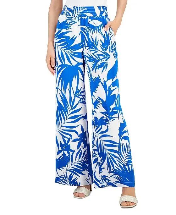 Floral-Print Satin Pull-On Wide-Leg Pants, Created for Macy's