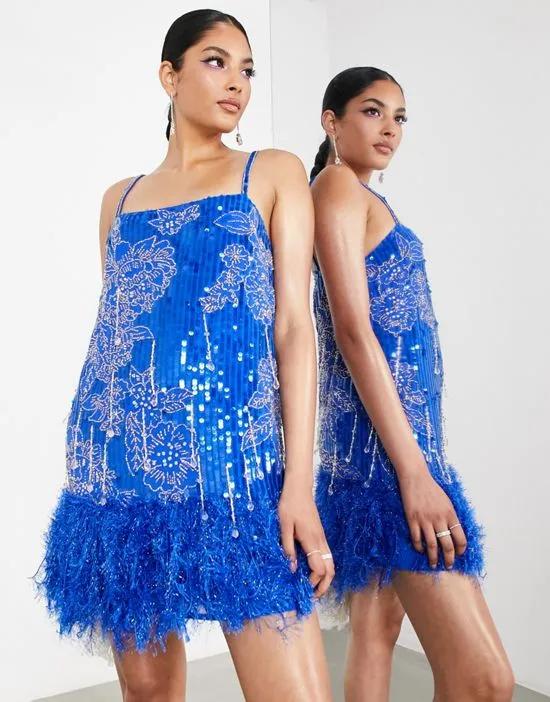 floral sequin and bead mini dress with faux feather hem in bright blue