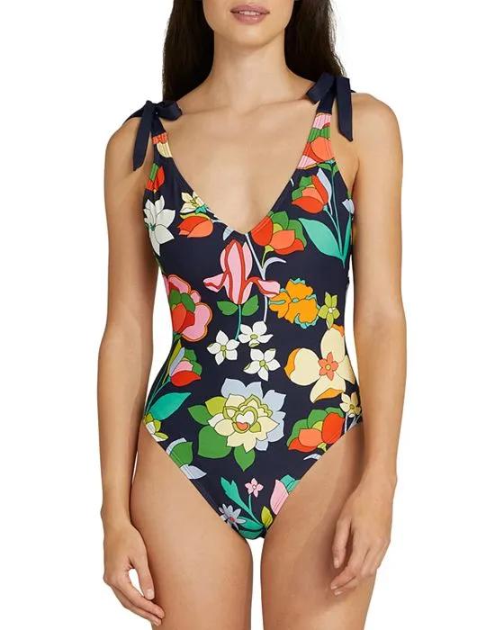 Floral Shoulder Tie Plunge Neck One Piece Swimsuit