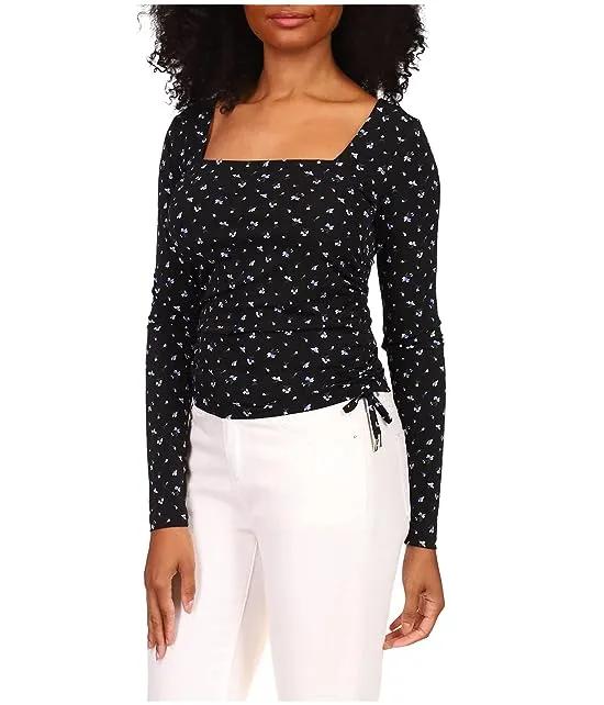 Floral Square Neck Ruched Long Sleeve Top