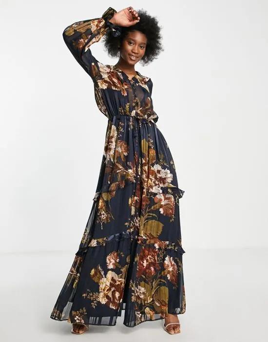 floral tiered maxi dress with tie front in satin stripe