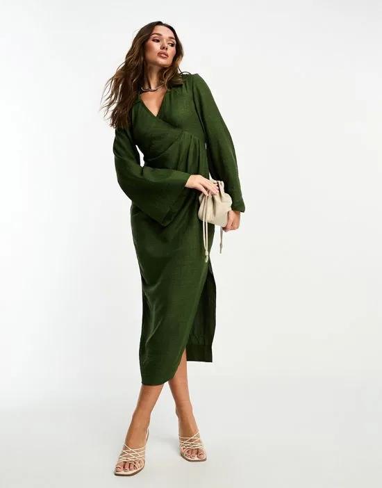 fluted sleeve collared wrap midi dress with gathers in dark green