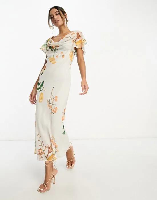 flutter sleeve cowl neck midi dress in cream floral print