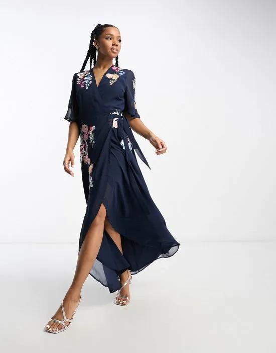 flutter sleeve embroidered wrap maxi dress in navy floral