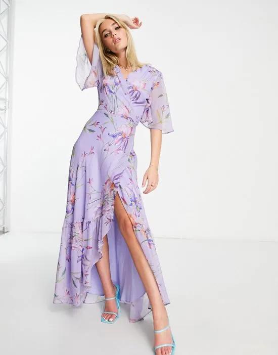 flutter sleeve wrap maxi dress in purple floral