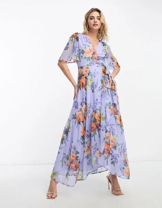 flutter sleeve wrap midaxi dress in lilac floral