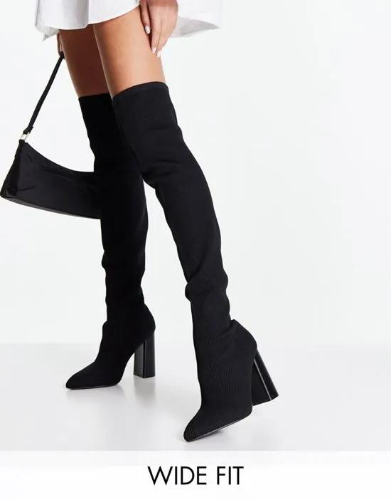 Focus over the knee block heel boots in black knit