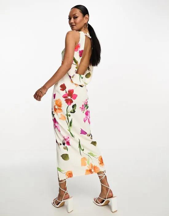 formal plunge midi dress with cowl back in ivory floral