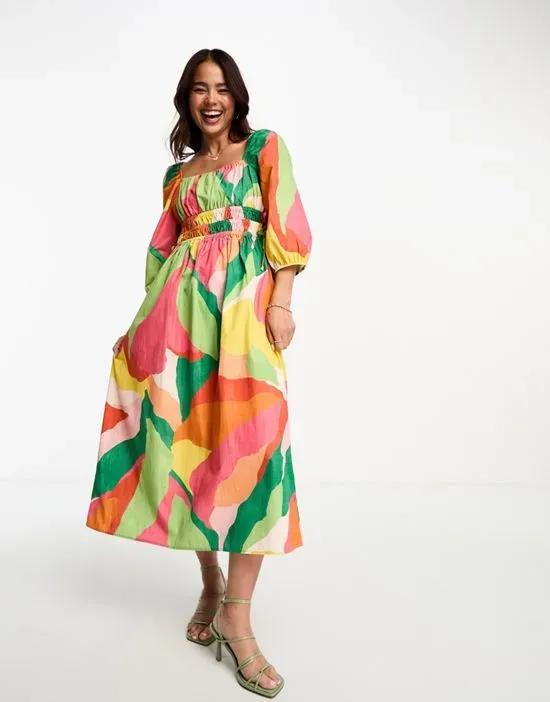 Franzie puff sleeve abstract midi dress in red and green