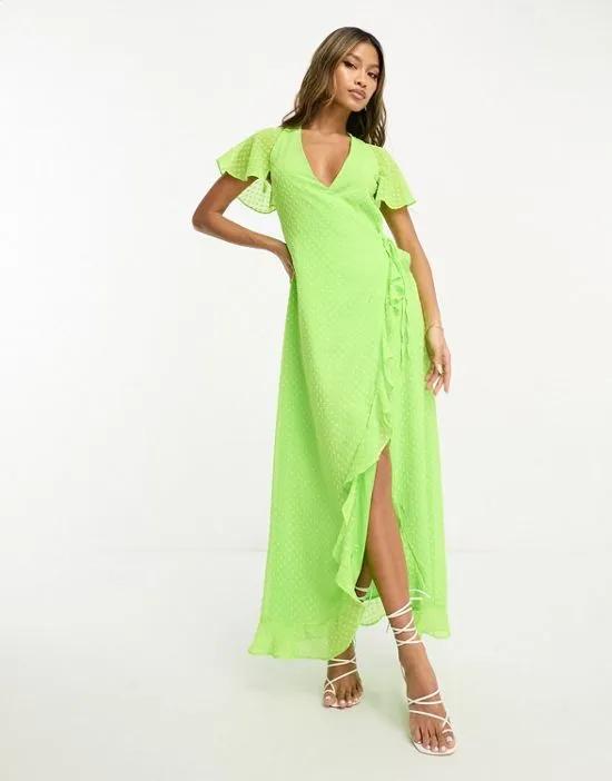 frill detail wrap maxi dress in bright lime texture
