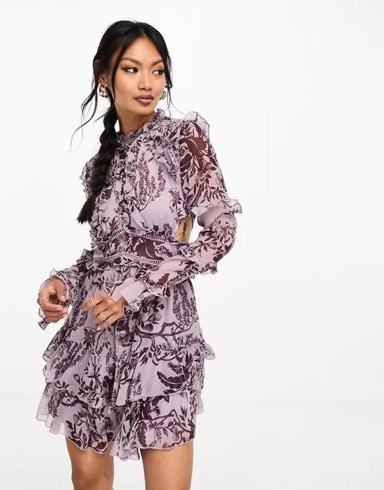 frill mini dress with button detail in dusty purple toile du jouy