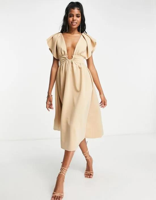 frill sleeve gold ring soft prom midi dress in stone