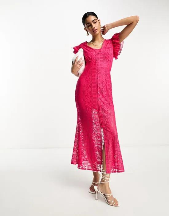 frill sleeve lace midaxi dress in pink