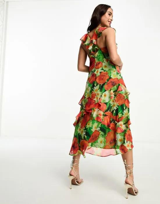 frill sleeve midaxi dress in green and red floral