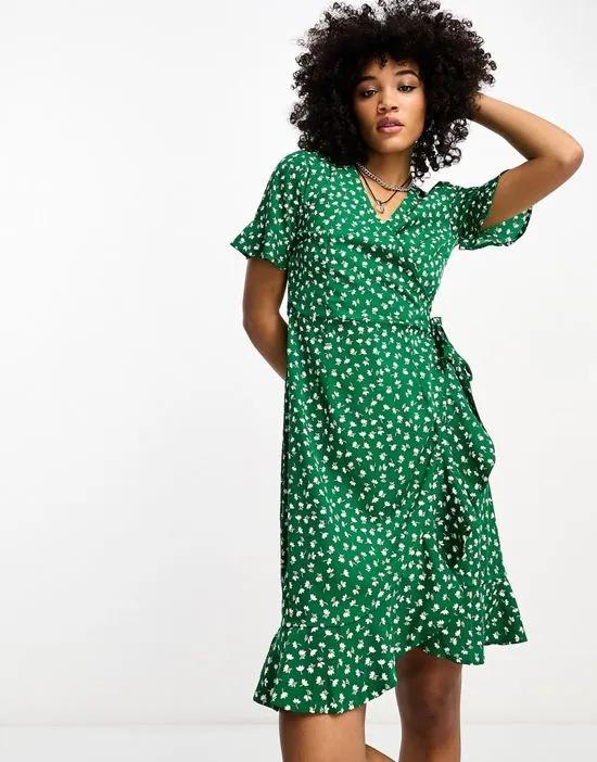 frill wrap mini dress in green ditsy floral