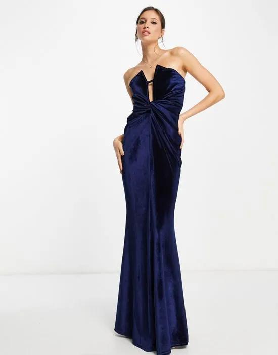 front knot plunge v wire velvet maxi dress in midnight blue