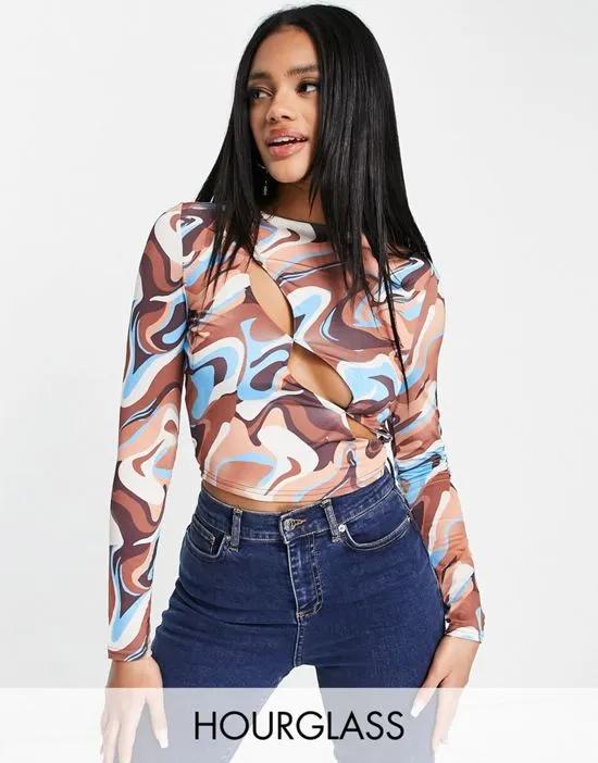 Fuller Bust crop top with long sleeves with asym button up in marble