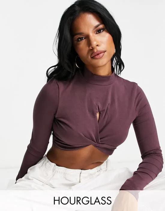 Fuller Bust cut out twist front crop top in aubergine