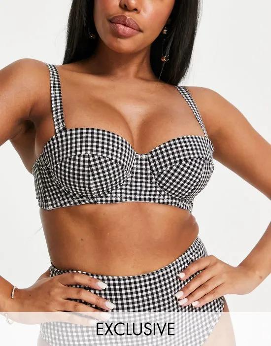 Fuller Bust Exclusive mix and match balcony bikini top in black and white seersucker gingham