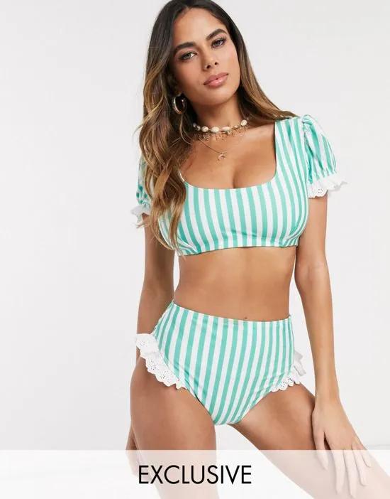 Fuller Bust Exclusive polyester t-shirt bikini top with lace detail in green stripe D-F