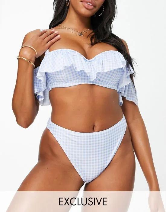Fuller Bust Exclusive underwire off shoulder frill bikini top in blue gingham