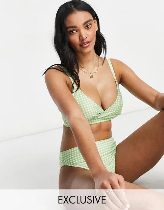 Fuller Bust Exclusive wrap over bikini top in gingham green