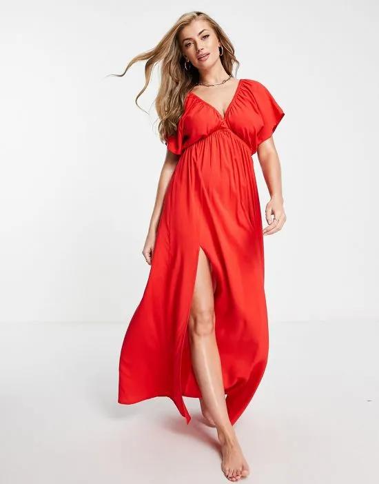 Fuller Bust flutter sleeve maxi beach dress in red - RED