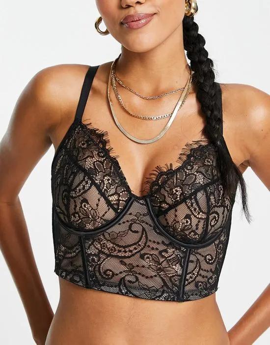 Fuller Bust lace plunge underwire corset top in black