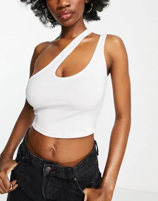 Fuller Bust strappy asymmetric cut out crop top in white