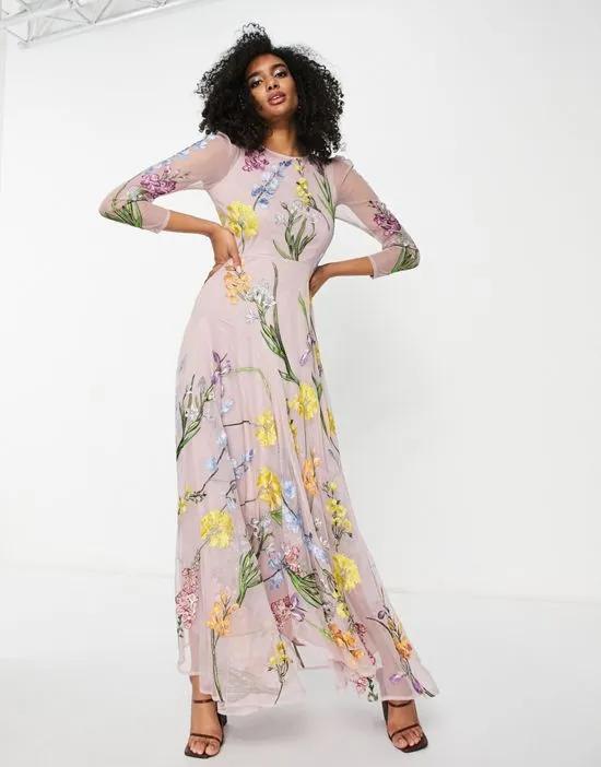 garden floral embroidered maxi dress in pink