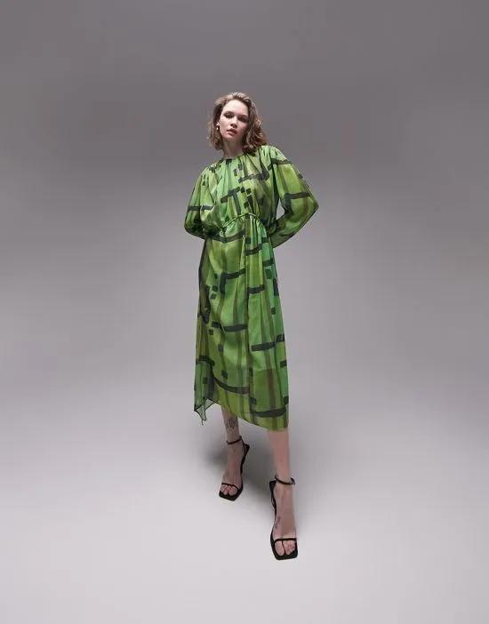 gathered channel waisted hanky hem printed midi dress in green