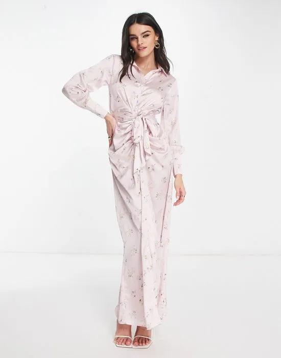 gathered detail maxi shirt dress with belt in pink floral print