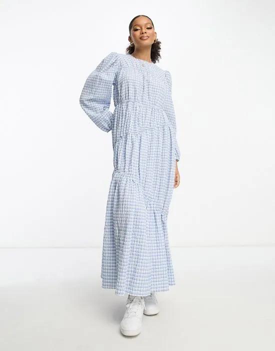 gathered tiered maxi dress in blue picnic check