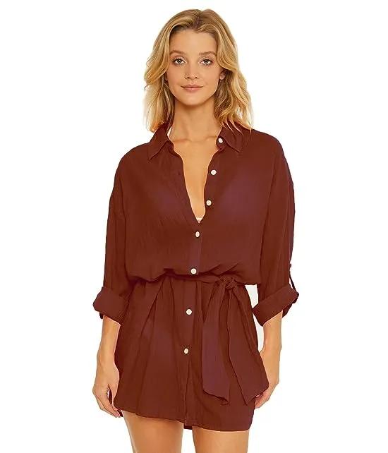 Gauzy Button Front Collared Shirtdress Cover-Up
