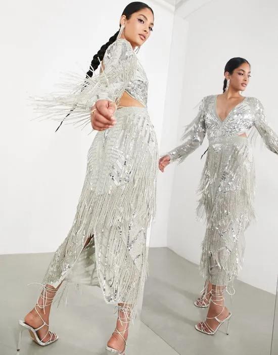 geo embellished fringe plunge midi dress in silver